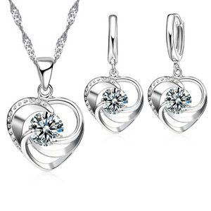 ❤️ Heart 925 Sterling Silver Earrings And Necklace Set Drop Cute